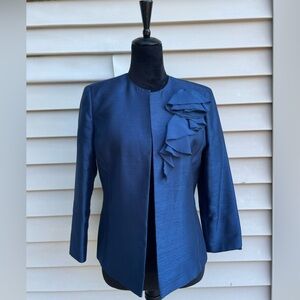 Women’s Blue Blazer Kasper Martha's Vineyard Crape-Ruffle Taffeta Peacock Sz 6